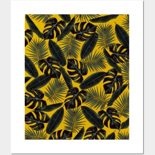 Tropical Black Green Leaves Pattern on Mustard Yellow Posters and Art